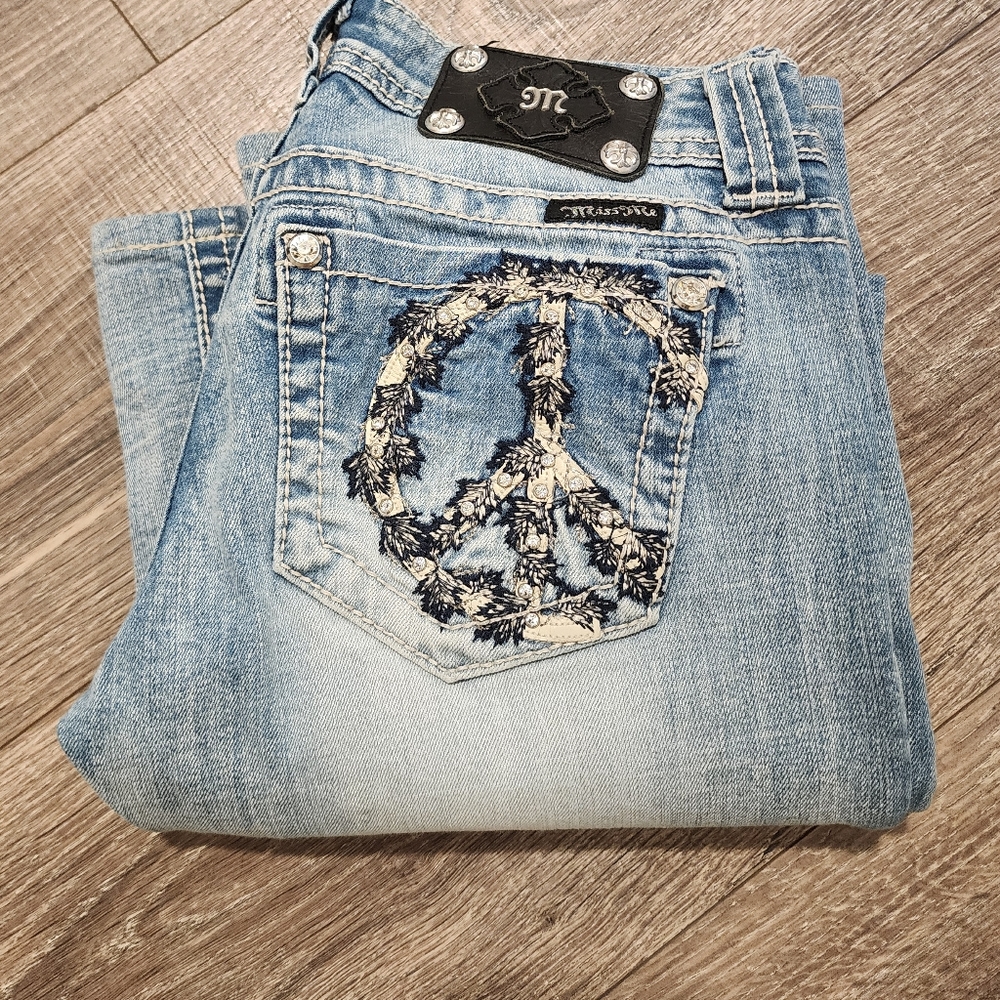Miss Me Light Blue Jeans with Peace Embroidery